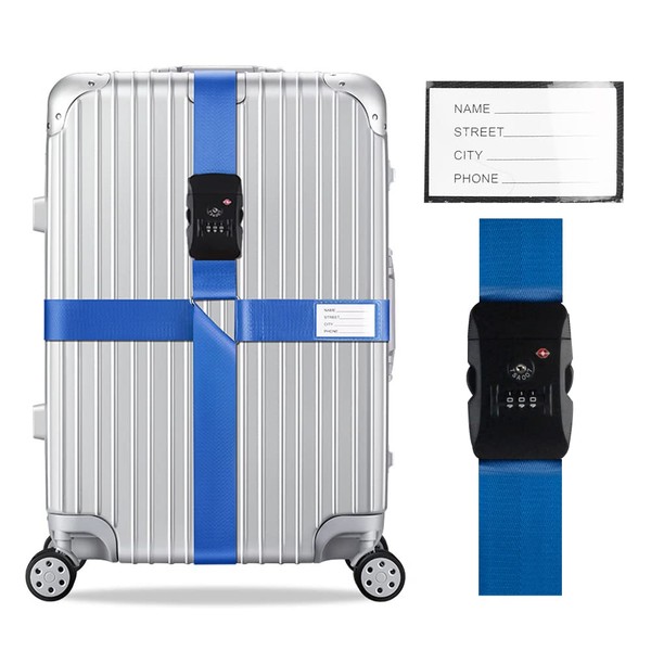 Veki Juego de correas cruzadas para equipaje, aprobadas por la TSA con candado, cinturones de viaje ajustables, etiquetas de veliz con tarjeta de identificación de nombre, correas de embalaje para maletas, correa, accesorios de viaje (azul)