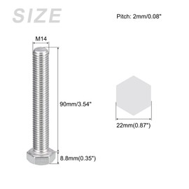 METALLIXITY Hex Bolts (M14-2x90mm) 2Pcs, 304 Stainless Steel Coarse Fully Threaded Hex Head Screw Bolt Machine Screws - for Furniture Repair, Silver