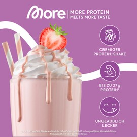 MORE Protein, Strawberry Milkshake, 600 g, Mix of Whey Concentrate and Casein, Ideal for Muscle Building and Preservation, with Lactase, Tested Quality, Made in Germany