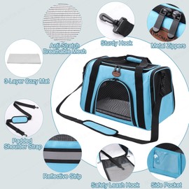 ROSEBB Cat Carrier Dog Carrier Pet Carriers for Medium Small Cats Dogs Puppies up to 15 Lbs,TSA Airline Approved Small Dog Cat Carriers Soft Sided,Collapsible Travel Puppy Carrier (Blue, Medium)