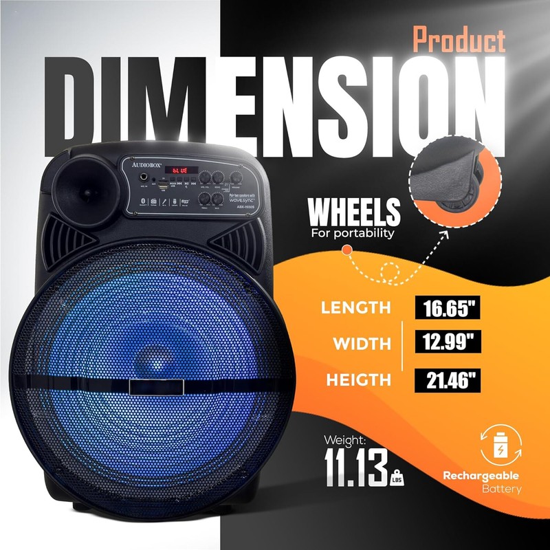 Dazone 15" Party Bluetooth Speaker Rechargable Subwoofer Karaok Wireless Mic