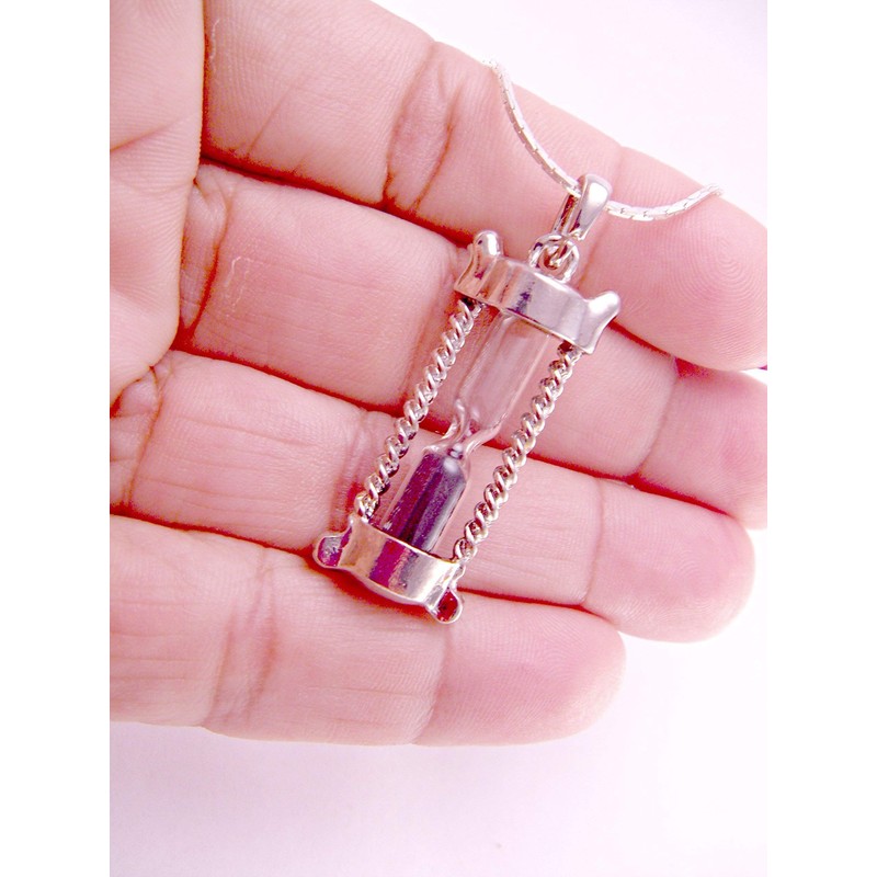 Mr. Sandman Silver Sand Timer Hour Glass Necklace Pendant on