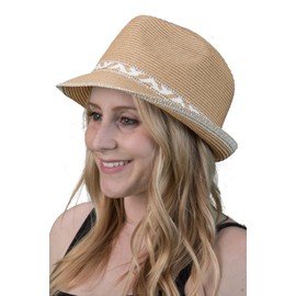 Funky Junque Women's Summer Beach Fedora Hat Adjustable Short Brim UPF50+ Multicolor Woven Pattern One Size Natural