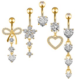 Guiqulai Belly Button Ring Gold 5 Pack Dangle Navel Belly Piercing Barbells Jewelry 14G for Women Stainless Steel