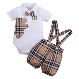 RELABTABY 2pc Baby Boy Cute Summer Cartoon Bear Plaid Romper Bodysuit with Bow + Bib Pants Shorts Set Outfits