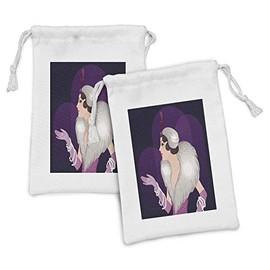 Ambesonne Retro Fabric Pouch Set of 2, Vintage Portrait of Young Lady with Fluffy Fur and Pearls Fashion Glamor Pink Gloves, Small Drawstring Bag for Toiletries Masks and Favors, 9" x 6", Multicolor