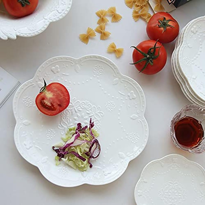 Eplze YBK Tech Elegant Round Embossed Lace Plate, Ceramic Serving