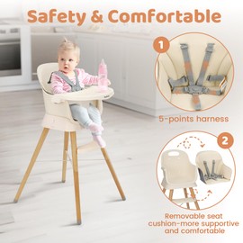 Ezebaby Portable Baby High Chair, High Chairs for Babies and Toddlers with Adjustable Legs, 6-in-1 Convertible to Booster Seat for Dining Table, Toddlers High Chair with Removable Cushions - Cream