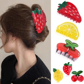 6Pcs Fruit Hair Claw Clips – 3 Large + 3 Mini (Strawberry, Cherry, Lemon) Hair Clips, Cute Hair Accessories for Women & Girls