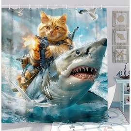 JAWO Funny Cat Shower Curtain for Bathroom, Riding Shark Theme Ocean Curtains for Bathroom Nautical Kids Decor Shower Curtain, Cute Cool Cat Riding Shark Fun Fabric Shower Curtain with Hooks,70x70IN