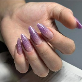 MERVF Almond Press on Nails Medium Fake Nails Purple Ombre Glitter French Tip Glue ons Nail Chrome Design Stiletto Acrylic Supplies DIY Manicure Glossy 24pcs