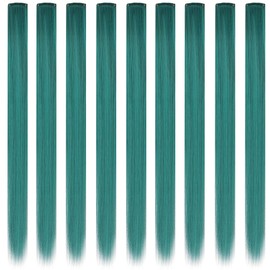 MQY COLOR 9PCS 21'' Colored Clip in Hair Extensions for Girls Party Highlights Synthetic Long Straight Hair Accessories Wig Pieces Colorful Hairpieces for Girls Kids Women (Dark teal)