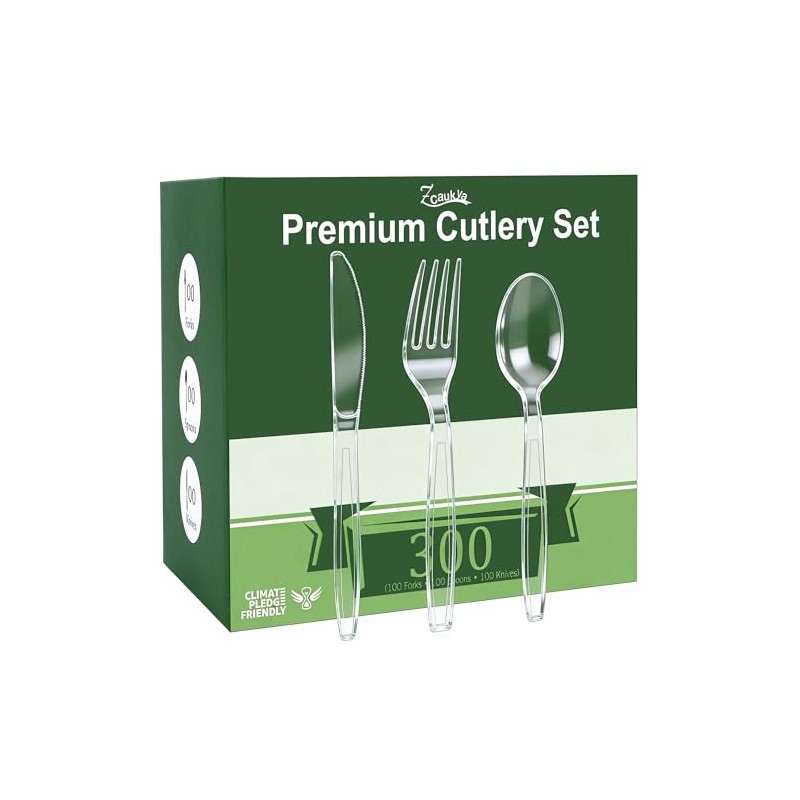 Zcaukya Clear Plastic Silverware Set, 300 Count