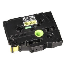 Brother HGES6315PK Genuine P-Touch, Pack Tape 0.47" (12mm) x 26.2ft (8m) Extra Strength Adhesive, Black on Yellow, Indoor/Outdoor Use, Extreme Temps, Chemical and Moisture Resistant