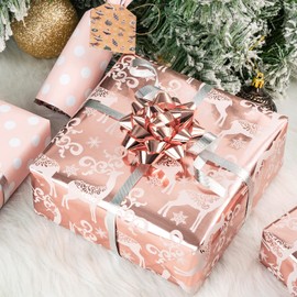 MAYPLUSS Christmas Reversible Wrapping Paper - Mini Roll - 17 Inch X 32.8 Feet - Rose Gold with Glitter Metallic Foil Design (47.3 sq.ft.ttl)