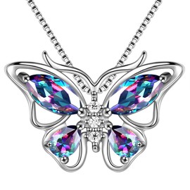 Aurora Tears Mystic Rainbow Topaz Butterfly Necklace 925 Sterling Silver Crystal Pendant Jewelry Gifts for Women and Girls DP0013M