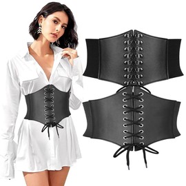 PASLFC Women's Tied Waspie Belt, 2 Pieces Wide Lace-Up Belt, Corset Belt, Women's Corset Belt, Elastic Corset, Lace-Up Belt Waist, Women's Lace-Up Corset for Dress, Coat, Shirt, Cosplay Costume, black