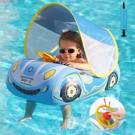 Bekftanm Float Ring for Kids, Foot Float, Includes Handle, Cute Print, Super Sports Car Float, SPF 50+, Removable Sun Shade for Kids, Boys, Girls, Ocean, Pool, Water Play, Outdoor (Blue)