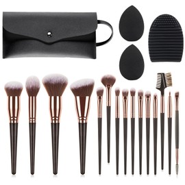 Brochas para Maquillaje, JASUVII 15 Makeup brush set + 2 Puff + Limpiador de Maquillaje, cepillo de maquillaje, Set de brochas cosméticas multifunction para Maquillar Ojos, Mejillas y Rostro (Negro dorado)