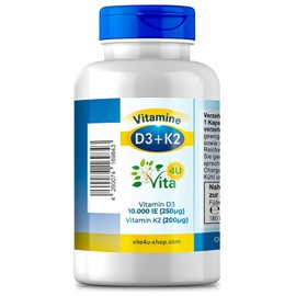 Vitamin D3 10.000 IE + K2 200 μg Depot | 180 Premium Kombi-Kapseln | vegan & hochdosiert | Vitamin D3 + K2 Kapsel von Vita 4U
