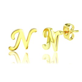 Women Teen Girls Stainless Steel Tiny Initial Stud Earrings Gold Silver Initial 26 Letters Alphabet Earrings (N-Gold)