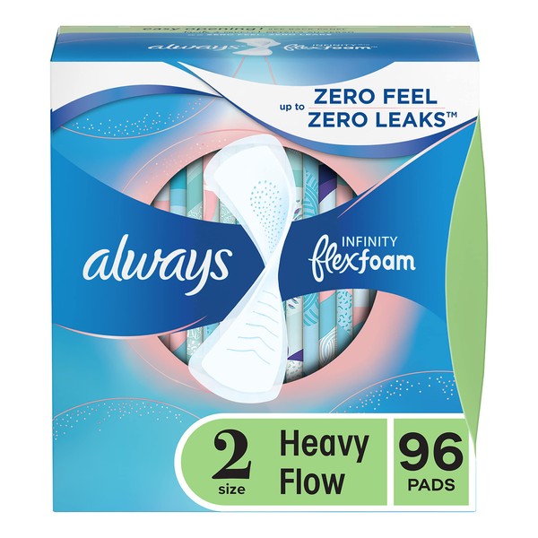 Always Infinity Feminine Pads for Women, Size 2 Heavy Flow Absorbency,Multipack, with Flexfoam, with Wings, Unscented, 32 Count X 3 Packs (96 Count Total)
