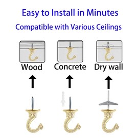 OBSTKUCHEN 2 Sets Large Swag Ceiling Hooks Heavy Duty Swag Hook with Hardware for Hanging Plants Ceiling Installation Cavity Wall Fixing (2 Sets Gold)