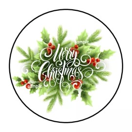 PartyMommy MERRY CHRISTMAS ENVELOPE SEALS STICKERS LABELS TAGS 1.5" ROUND (30) PINE BERRIES