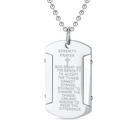 Bling Jewelry Personalize Inspirational Message Religious Mantra Stackable Military Style Serenity Prayer Dog Tag Pendant Necklace for Men Teen Silver Tone Stainless Steel