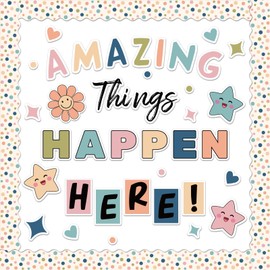 FYSUIMU Boho Inspirational Bulletin Board Decorations Back to School Motivational Classroom Decor Amazing Things Happen Here Paper Cutouts with Glue Points for School Chalkboard Decor, 63 Pcs