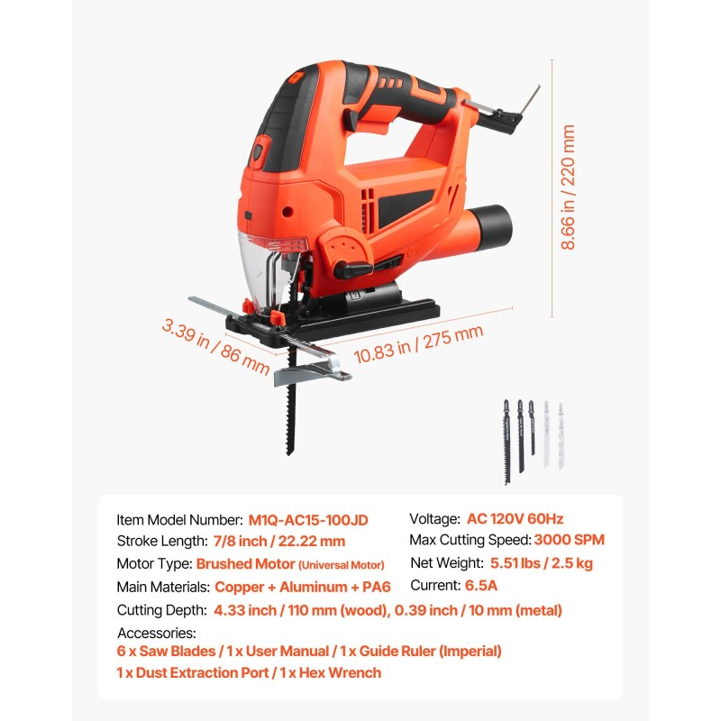6.5 Amp 3000 SPM Blade Speed Electric Jigsaw 6pcs Blades