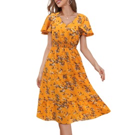Bridesmay Casual Summer Dresses with Sleeves V-Neck Floral Pleated Boho Dress for Garden Party Yellow Small Flower S