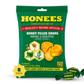 Honees - Gotas rellenas para la tos de mentol, miel, mentol y eucalipto, alivio natural del dolor de garganta, nada artificial, pastillas de garganta, sin OMG (2 unidades – 40 gotas)