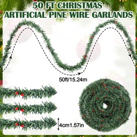 Jutom 50 FT Christmas Artificial Pine Wire Garlands with Red Berries Bendable Mini Green Pine Greenery Roping Garlands Miniature Thin Wired Stems Ties for Xmas DIY Crafts Holiday Indoor Outdoor Decor