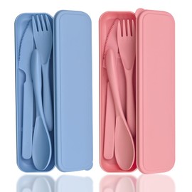 Cutlery Set with Case, 2 Travel Cutlery Camping Cutlery Set, Portable Plastic Cutlery Utensil Set, Reusable Plastic Cutlery Set, Camping Cutlery Set for Picnic (Pink Blue)
