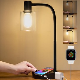 Jomshine Industrial Table Lamp with Wireless Charing, Fully Stepless Dimmable Lamps Nightstand Lamps, Desk Lamp with Glass Shade Reading Lamp for Office Living Room (Black)