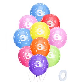 ONLYQIQIU 3rd Birthday Balloons, 12'' Multicoloured Numbers Printed Latex Age Balloons, Pack of 10 Birthday Balloons 3 for Girls Boys 3 Year Old Birthday Decorations, 3rd Anniversary Party Supplies
