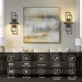 L LOHAS LED Battery Operated Wall Sconces Set of 2, 8000mAh Battery Wall Sconce, 20 Inch Modern Wall Light, 3000K, Geometric Sconce Wall Decor for Diningroom, Bedroom, Living Room, Stair, Black