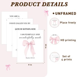 Shescrzionu 4 PCS Coquette Room Decor and Pink Bow Decor Room Decor For Teen Girls, Bible Verses Wall Decor, Preppy Posters for 10x8 Inch Set of Bow Pictures for Bedroom - A03