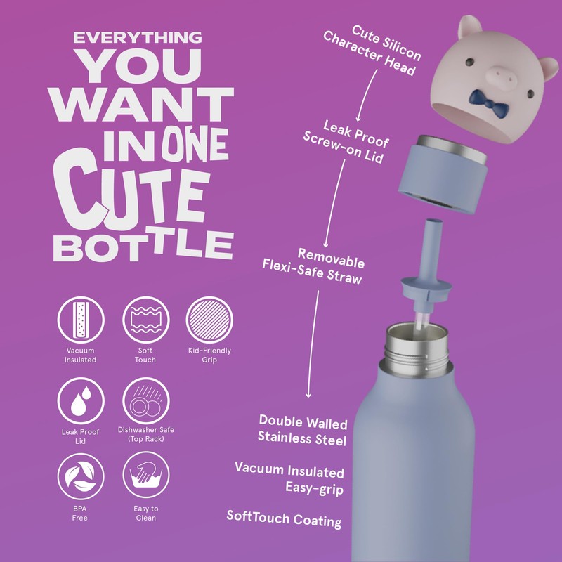 asobu Bestie Piggy Kids Bottle Stainless Steel Insulated Flip Straw