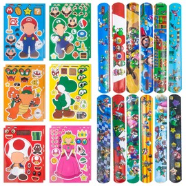Luchild 24Pcs Mitgebsel Kindergeburtstag Ma- Rio Spielzeug Set mit 12 DIY Sticker Aufkleber 12 Schnapparmband für Geschenk Bros Give Aways Kinder Super Geburtstag Deko Party Zubehör Jungen Mädchen