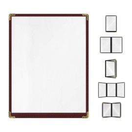 Burgundy, 25 Pack, 1 Pages / 2 Views - 8.5" x 11", Cafe Style Menu Cover, Top-Loading Double Stitched Edge, Crystal Clear Vinyl Menu Holder with Gold Decorative Corners