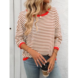 Famulily Crew Neck Striped Pullover for Women Colour Block Long Sleeve Loose Pullover Tops, brown