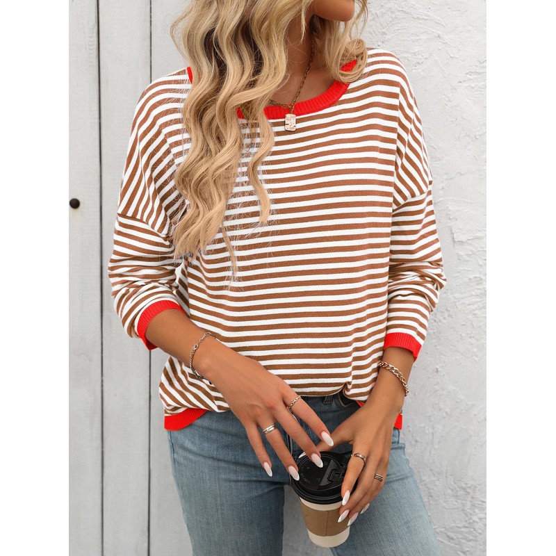 Famulily Crew Neck Striped Pullover for Women Colour Block Long