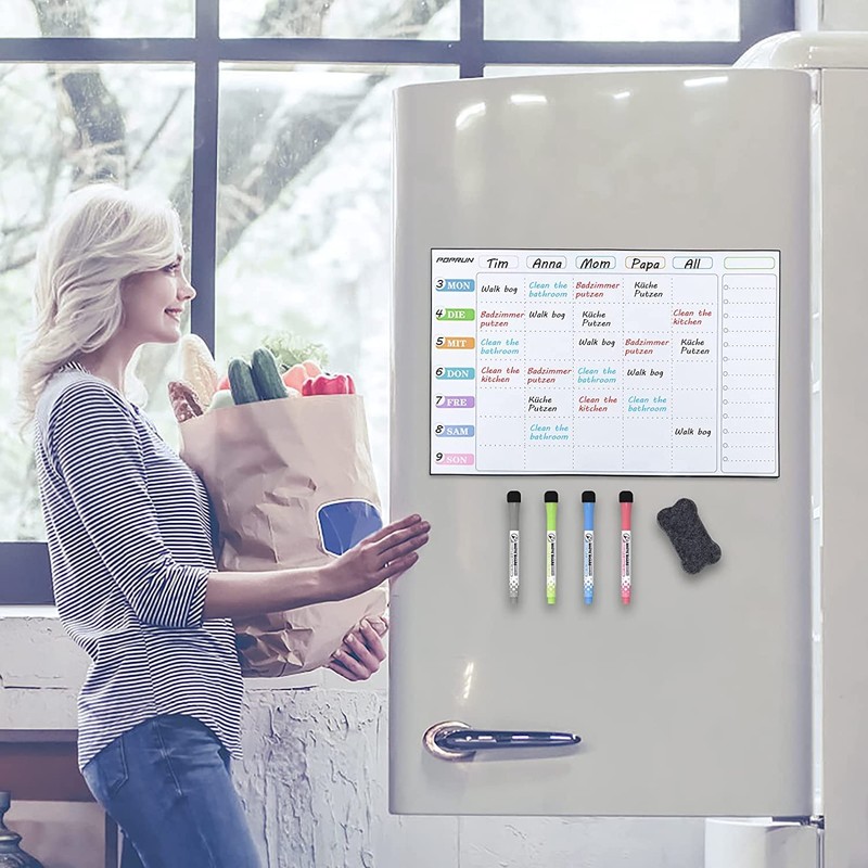 POPRUN Magnetic Family Planner Weekly Planner Magnetic Board Fridge Wipe