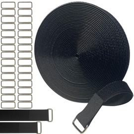 32Ftx1In Hook and Loop Cable Straps with 50 Metal Buckles, Adjustable Fastening Straps, Reusable Free Cut Length Cord, Wire Organizers for Cable Ties Roll