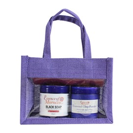 Moroccan Hammam Gift Set: Exfoliating Kessa Glove Mitt, Natural Eucalyptus and Olive Oil Black Soap Scrub Savon Noir, Rhassoul Clay Powder. Helps Deep Cleanse Skin Remove Fake Tan and Ingrown Hair