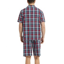 Vulcanodon Men's Short Pyjamas 100% Cotton Summer Shorty Pyjamas Checked with Button Placket Soft Sleepwear, red / blue, L
