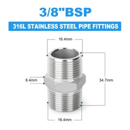 ERGAOBOY Pack of 2 Stainless Steel 316L Hexagonal Fittings with Male Thread, Pipe Fitting 3/8 Inch BSP Male Thread x 3/8 Inch BSP Male Thread