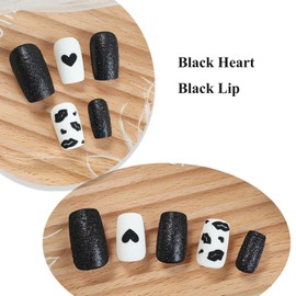 MERVF Valentines Press on Nails Long Square Fake Nails Black Heart Lip Press ons Glue on Nails Glitter Acrylic Nails Love Squoval False Nails for Women Matte Design 24pcs